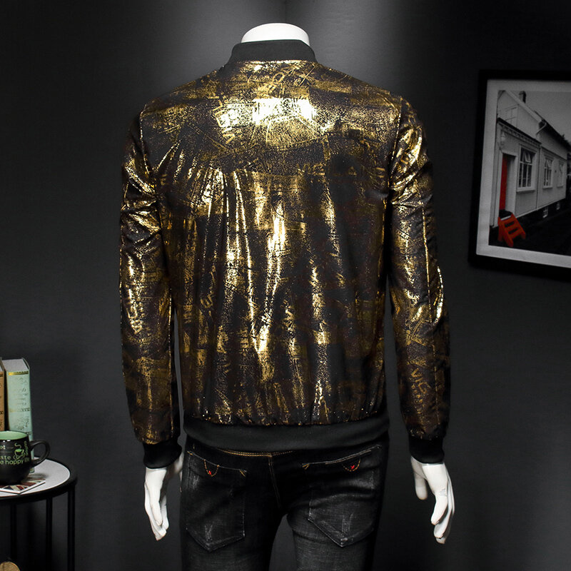 레트로 블랙 골드 프린트 파티 재킷 슬림 프린트 재킷 2021 가을 남성 자카드 캐주얼 재킷