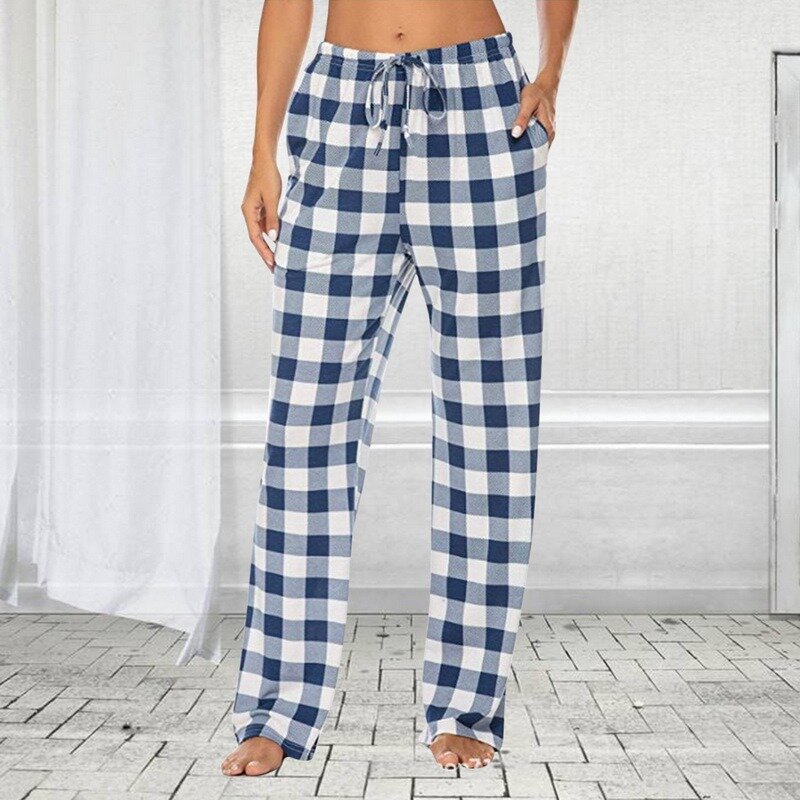 Puimentiua calças femininas de algodão fino primavera solto sono bottoms pijamas femininos xadrez estampado pijamas pijamas calças pijamas