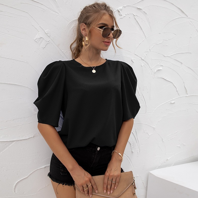 Chiffon Blouses Women Summer Puff Sleeve Top Solid Color O-Neck Casual Loose Fashion Retro Black White Base Wild Bottoming Shirt