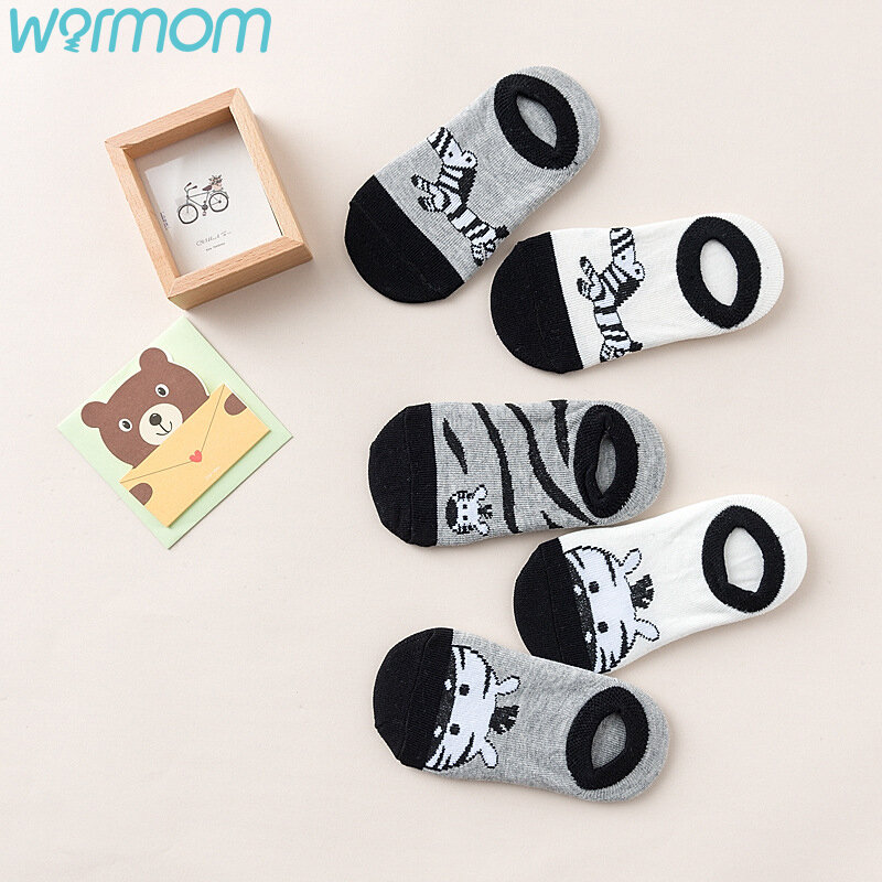 WARMOM-5 켤레 어린이 짧은 양말, 만화 얼룩말 패턴 부드러운 코튼 키즈 양말 인쇄 뜨개질 양말 모성 유아 공급