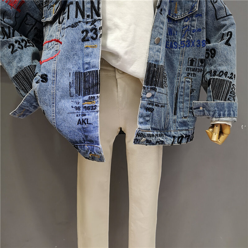 2021 kurtka dżinsowa dla kobiet luźne wyszywane litery Harajuku duży rozmiar płaszcz dżinsowy jednorzędowy skręcić w dół kołnierz kurtka damska