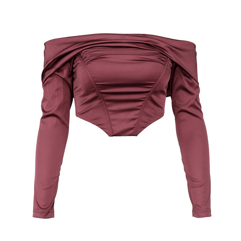 Newásia blusa de cetim com 2 camadas, espartilho com almofadas, sexy, ombro de fora, zíper superior, manga dividida, elegante, blusa feminina casual streetwear