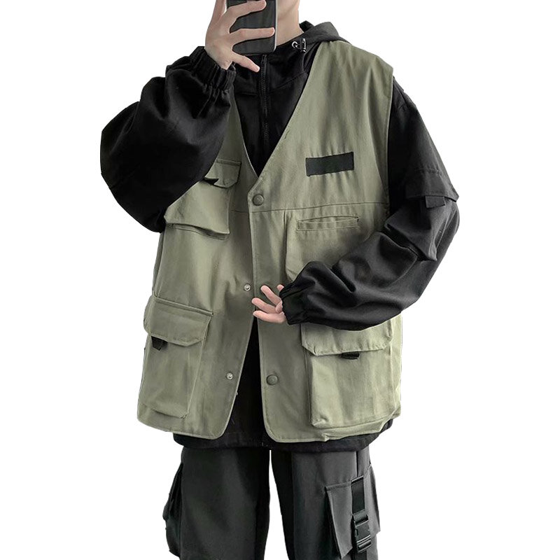 Carga masculina hip hop streetwear casaco com capuz falso dois algodão casaco coreano outono primavera roupas blusão bomber jaqueta
