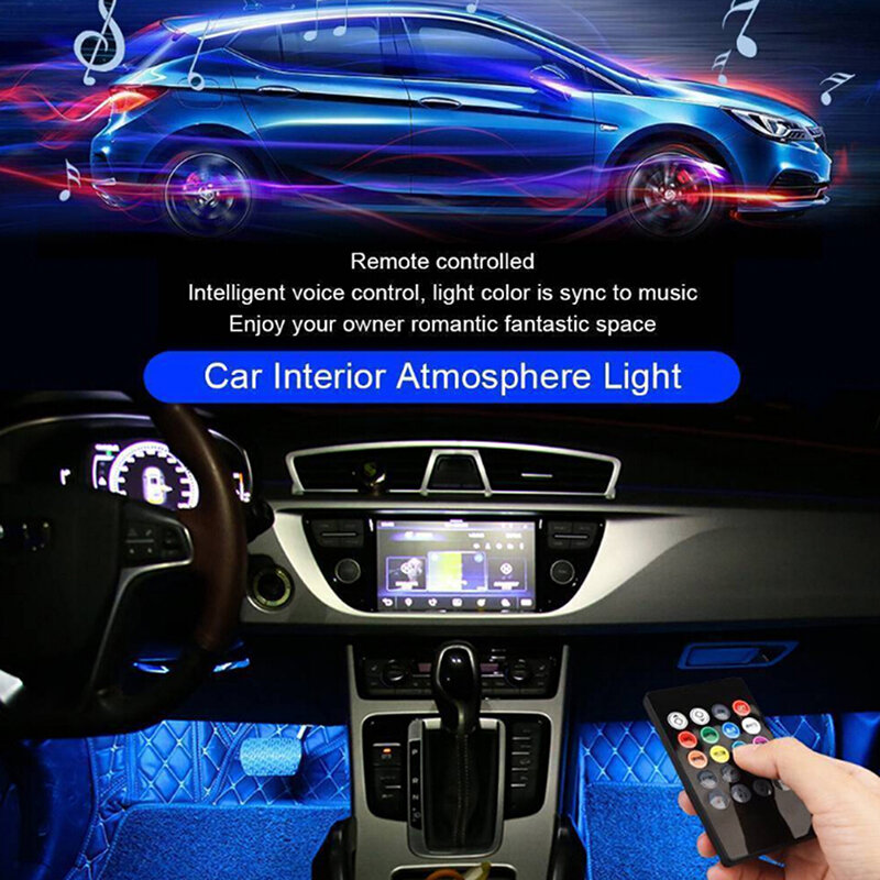 9 led interior do carro atmosfera footwell luz de tira usb carregador decoração lâmpada rgb 4 pçs