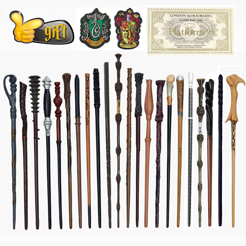 27 أنواع المعادن الأساسية ماجيك الصولجانات تأثيري Voldmort Hermione عصا سحرية هاريد ملصق ملابس تذكرة كمكافأة بدون صندوق