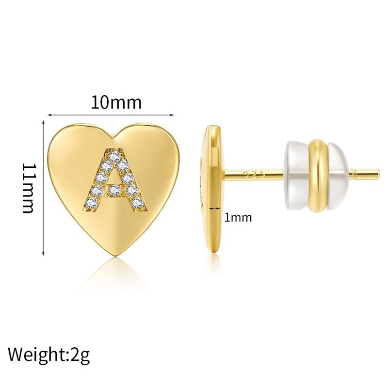 Boucles d'oreilles en forme de cœur, bijoux pour filles et femmes, avec initiales, en or, en argent A-Z, avec aiguille, CZ 26, à la mode, 925