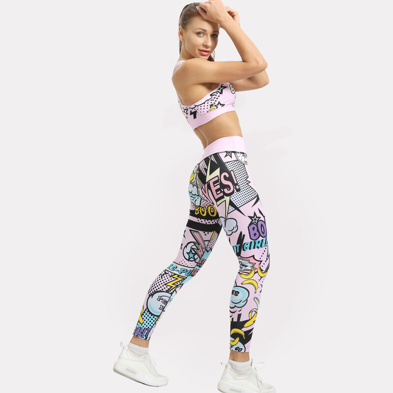 Mulheres correndo yoga ternos impressão banana activewear conjunto de cintura alta leggings de fitness estiramento conjunto de esportes ginásio workout outfits