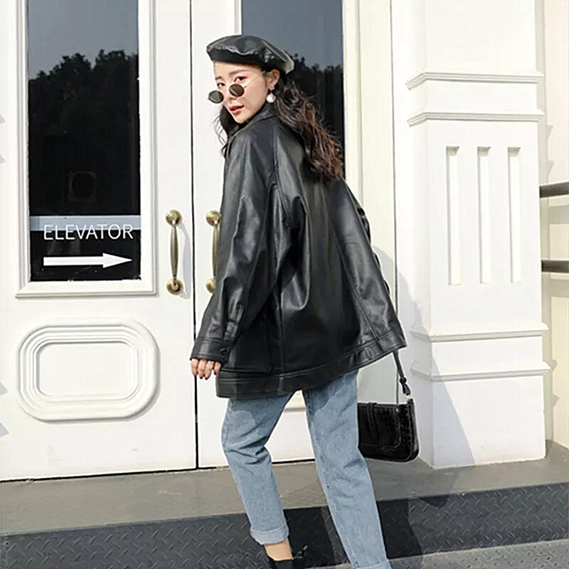 LEDEDAZ-Chaqueta de cuero sintético para mujer, abrigo de piel sintética con cremallera y bolsillo para cinturón, de longitud media, color negro, primavera y otoño, 2020