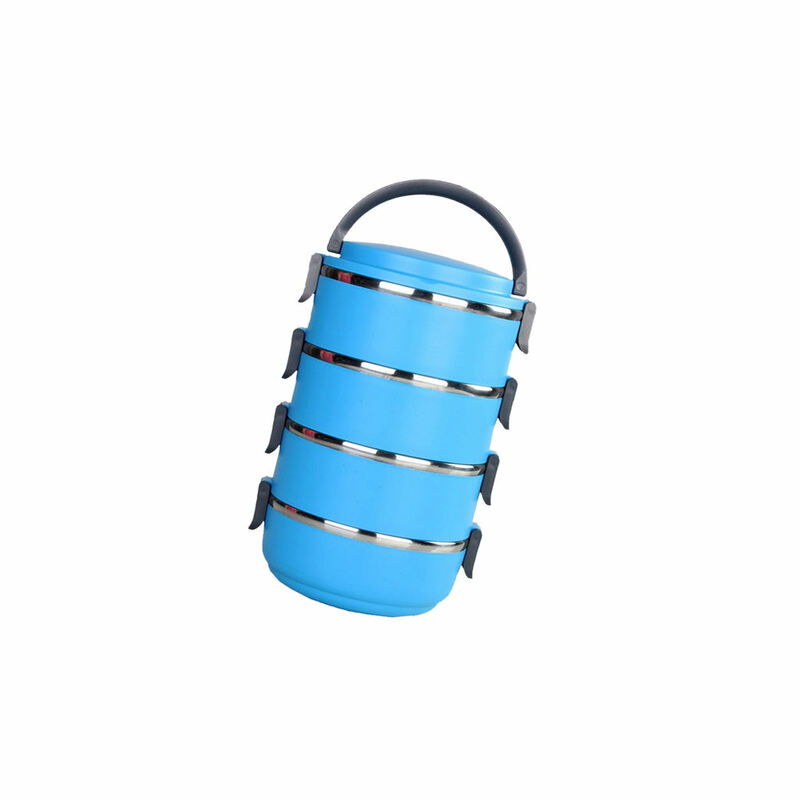Fiambrera Bento con aislamiento térmico, contenedor de almacenamiento redondo de 4 capas, color azul