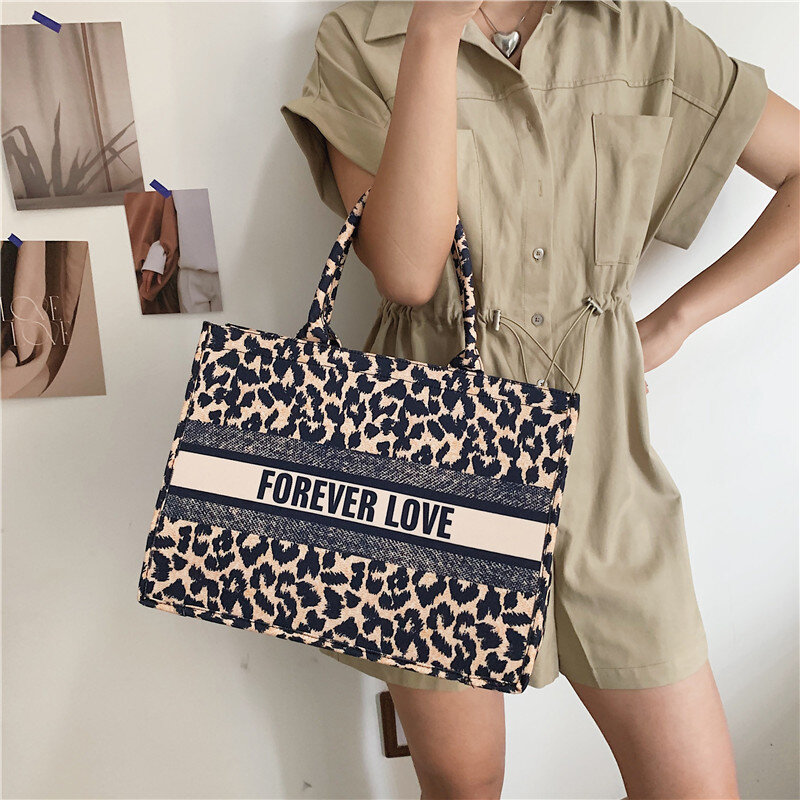 Women Shoulder Bags 2021 Luxury Denim Leopard Large Capacity Female Designers Letter Print Shopper Underarm Bag Fashion Handbags