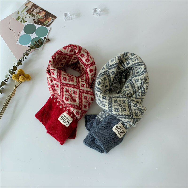 Kinder Herbst Winter Geometrische Plaid Gestrickte Schal Kinder Koreanische Mode Verdicken Warme Woll Schal Halstuch Jungen Mädchen Geschenk