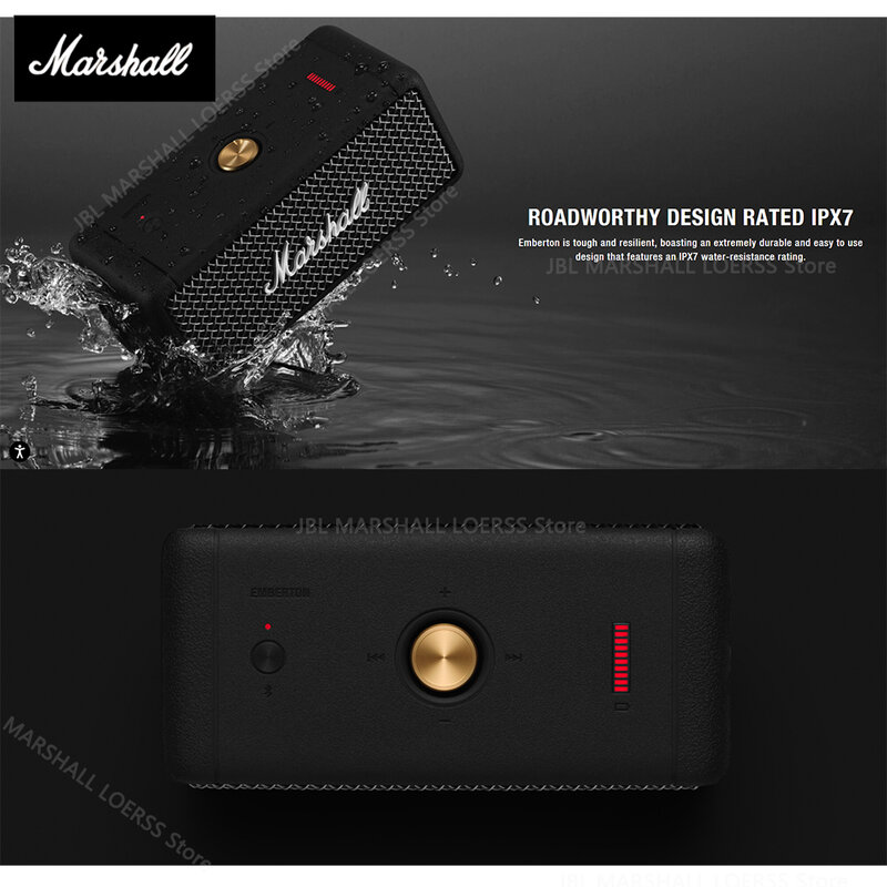 MARSHALL EMBERTON-altavoz inalámbrico con Bluetooth, Original, IPX7, deportivo, resistente al agua, sonido estéreo de bajos, portátil, para exteriores