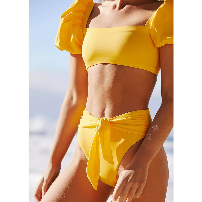 Conjunto de biquíni manga bufante, nova roupa de banho feminina de cintura  alta com alças, amarelo, moda praia 2021 / Roupas de banho