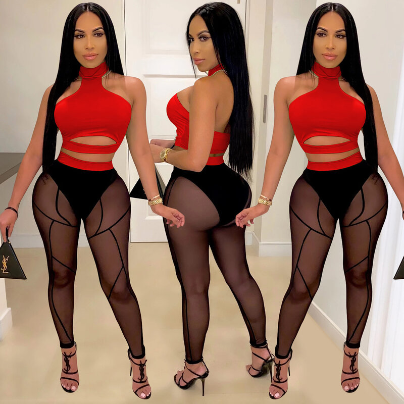 Sexy Perspective Club Outfits for Women New Summer Solid Color Women Bodycon Clothing Female Crop Top Long Pant Two Piece Set