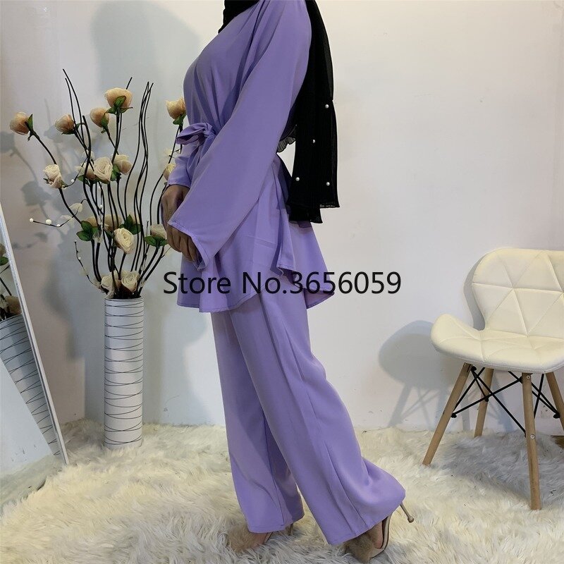 Dois conjuntos de peças topos e calças mulheres dubai muçulmano abaya rendas-up 2 peças conjuntos kaftan islam turco roupa islâmica conjuntos de vestido