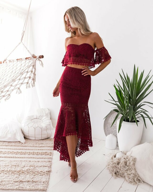2021 Summer Women Lace Strapless Backless Pencil Two-Piece Set Tops+skirts Slim Sexy Hollow Out Fishtail Skirts