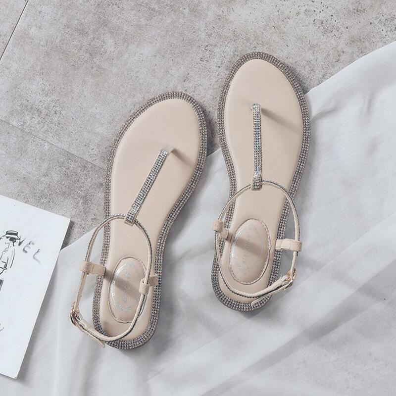 Sandały damskie 2021 nowe kobiece letnie proste płaskie sandały ze wzorem w jodełkę płaskie z dżetów szczypta sandały plażowe dla dziewczynek