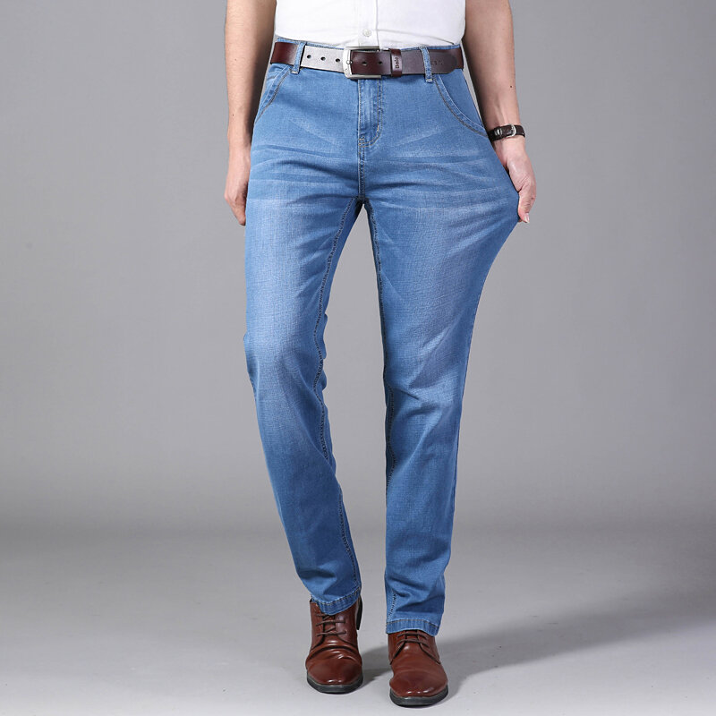 Brother wang calças de brim dos homens de negócios casual luz azul força elástica moda jeans calças masculinas da marca