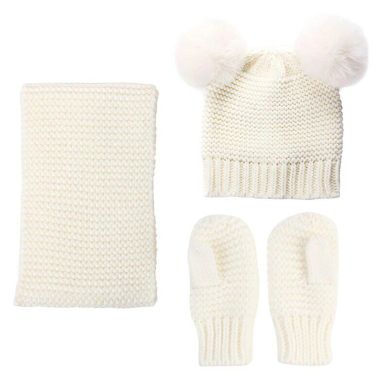 Baby Kids Winter Hat Scarf and Gloves 3pcs/Set Girls Knitted Warm Beanie Cap with Neckerchief Circle Loop Scarf Crochet Hat
