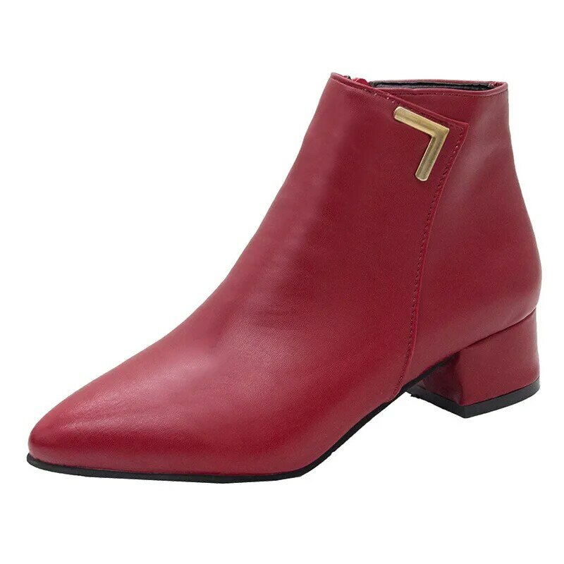 2020 moda donna stivali Casual in pelle tacchi alti scarpe primaverili donna punta a punta stivaletti in gomma nero rosso Zapatos Mujer