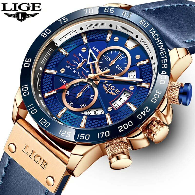 LIGE-reloj analógico con correa de cuero para hombre, accesorio de pulsera resistente al agua con cronógrafo, complemento masculino deportivo de marca de lujo con diseño militar, 2021