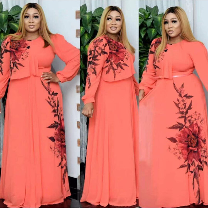 Md 2021 vestidos de verão para as mulheres africano impressão chiffon abaya ancara dashiki maxi vestido manga longa elegante roupas das senhoras boubou