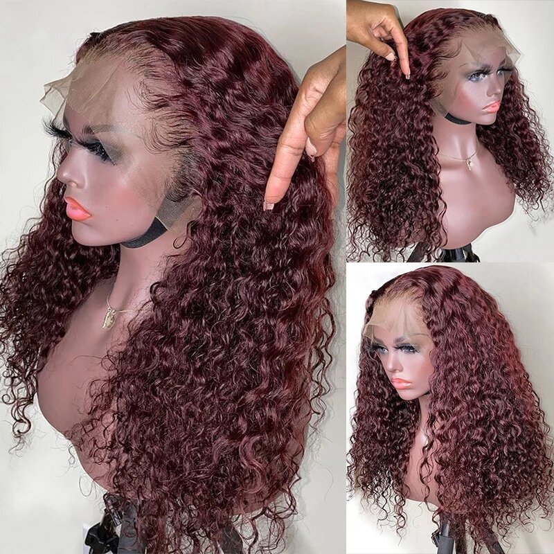 99J 180% Density Wine Red Kinky Curly Lace Front Wig Synthetic For Black Women 26 Inch Middle Part Long Heat Resistant Babyhair