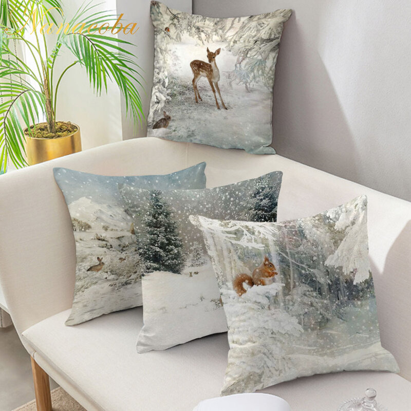Nanacoba-funda de almohada para decoración de hogar, diseño de conejo, Animal, ciervo, estampado, para invierno