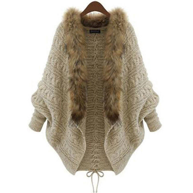 장미 빛 여성 니트 스웨터 케이프 코트 겨울 카디건 가짜 모피 칼라 따뜻한 고딕 니트 탑스 Batwing 슬리브 겉옷