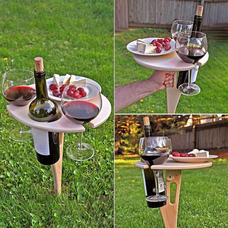 Nova mesa de vinho portátil ao ar livre mesa de vinho portátil com dobrável mesa de piquenique de madeira redonda mini fácil de transportar