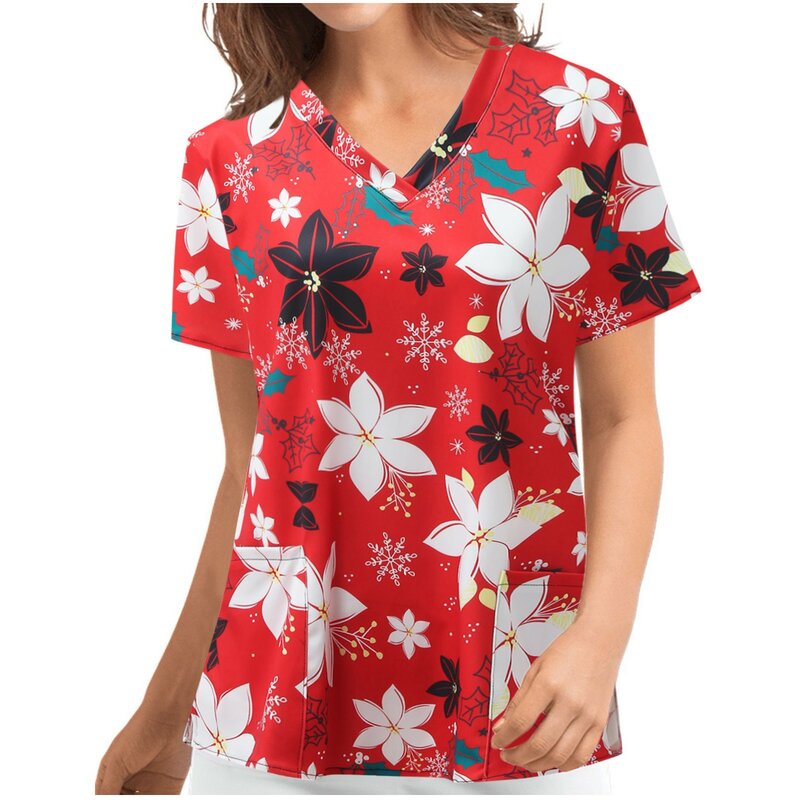 Women Thanksgiving Tunic Shirts Nurse Nursing Short Sleeve V-neck Tops Working Uniform Christmas Blouse Clothes wholesale L*5