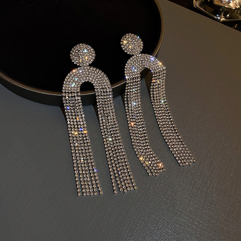925 Zilveren Naald Shiny Diamond U-Vormige Kwallen Lange Tassel Studded Oorbellen Voor Vrouwen Sexy Gold Mode-sieraden Groothandel