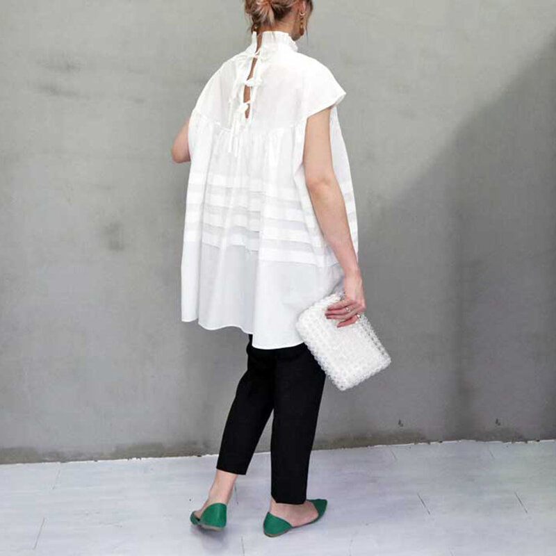 Женская винтажная блузка с воротником-стойкой, черная или белая длинная Повседневная блузка большого размера с завязкой сзади, на весну