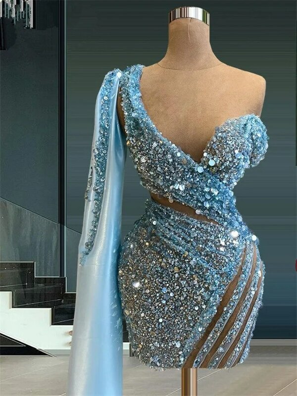 Luksusowe suknie wieczorowe syrenka musujące zroszony cekinami niebo niebieska suknia balowa głębokie jeden rękaw Party sukienka koktajlowa Robe De Mariée