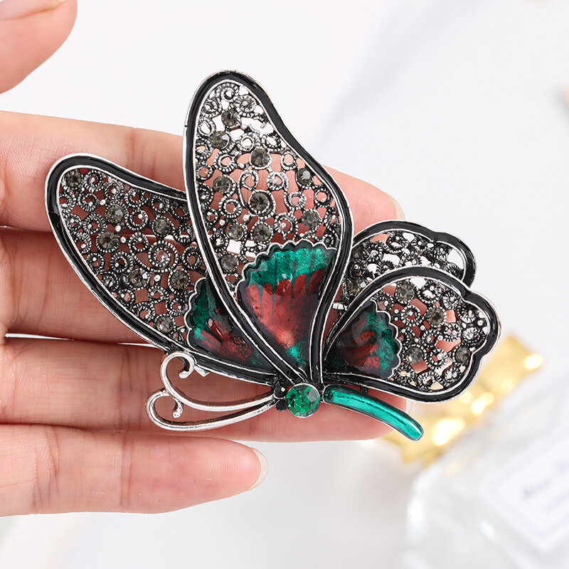 Moda preto grande borboleta broche de cristal inseto pino personalidade feminina