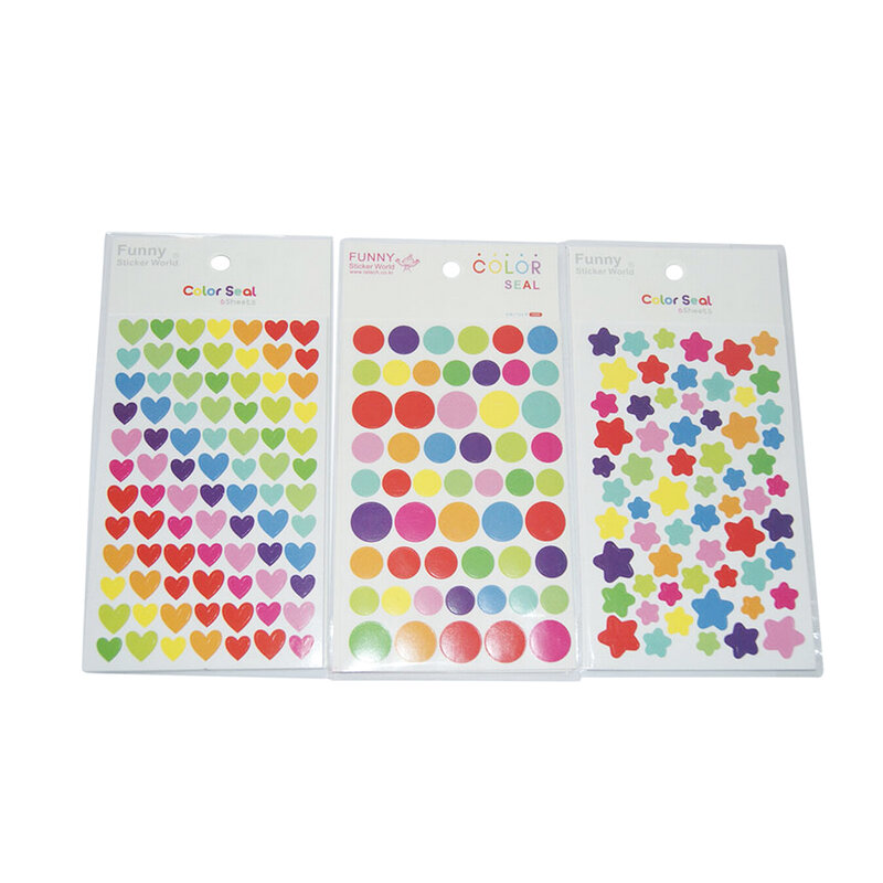 1pack=6 sheets Colorful Fresh Dots Heart Star Label Stickers Diary Planner Scrapbook Decor Decal