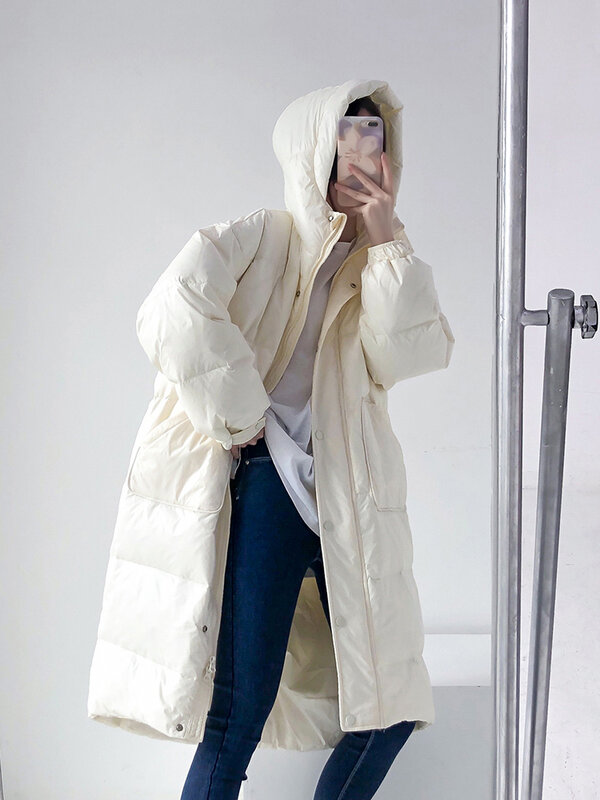Inverno feminino jaqueta com capuz longo outono estilo coreano pato branco para baixo puffer casacos parkas roupas femininas veste femme 2021