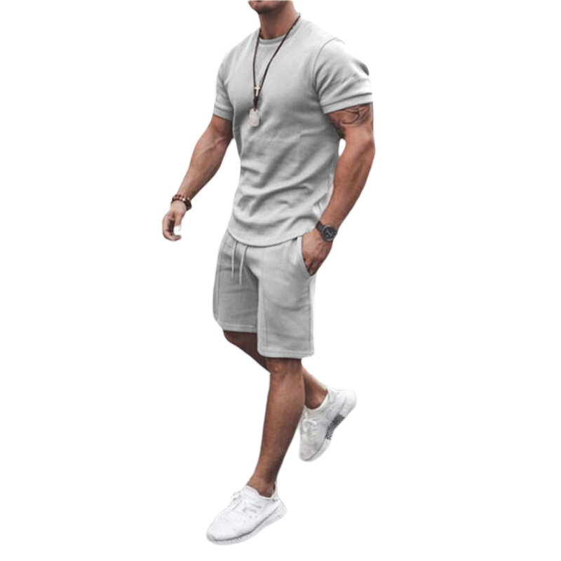 2 Pieces Suit Set, Male Solid Color Round Neck Short Sleeve T-Shirt+ Shorts With Pocket For Summer, S/M/L/XL/XXL/XXXL