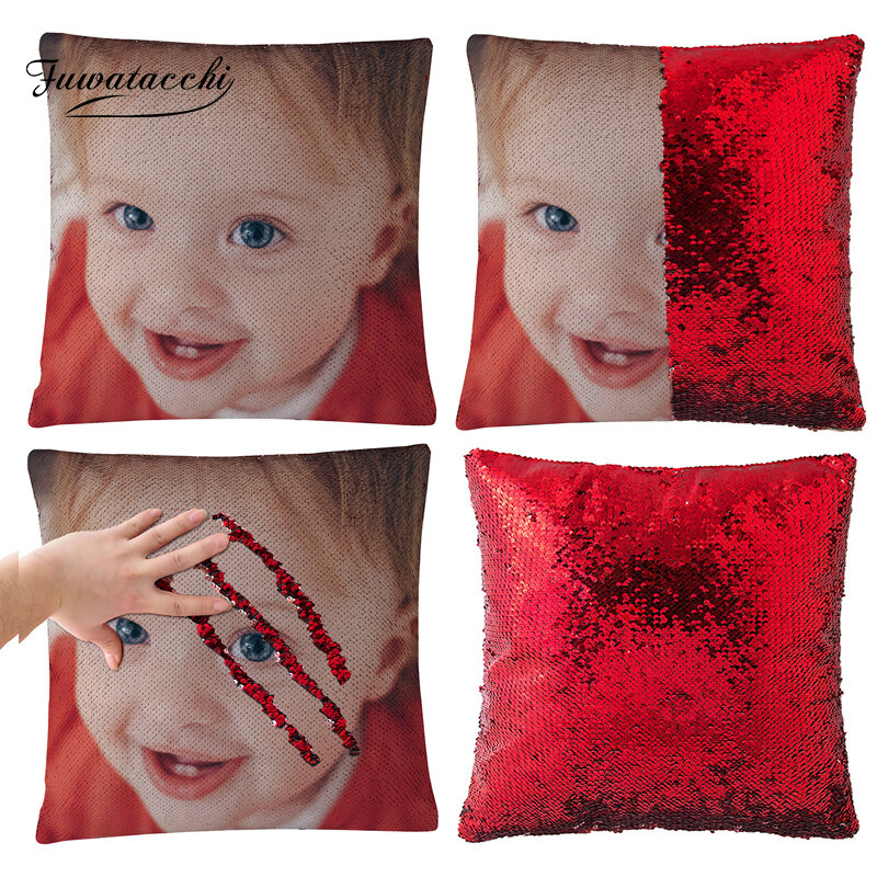 Fuwatacchi Customize Picture Mermaid Sequin Cushion Cover Magical Color Changing Pillow Case Decor Pillows Cover For Sofa Car