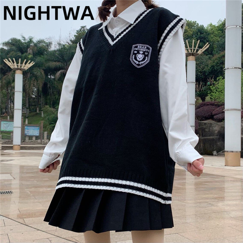 NIGHTWA Frauen Weste Einfach Alle-spiel Patchwork Koreanischen Stil V-ausschnitt Strick Pullover Freizeit College Stil Sleeveless Vintage Weste