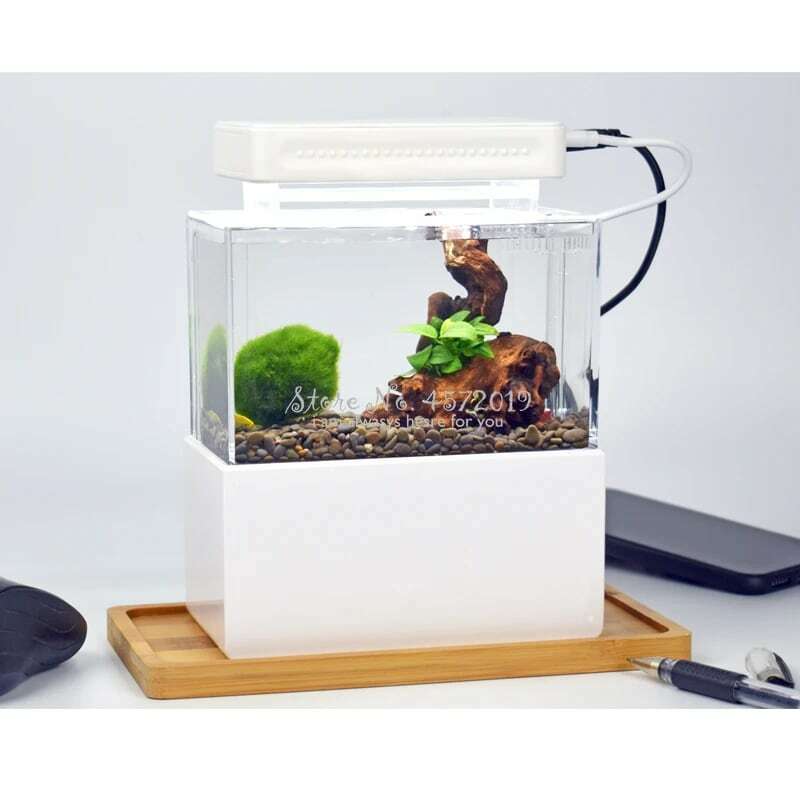 Mini pecera de plástico portátil, acuario aquapónico de escritorio, Betta, pecera con filtración de agua LED y bomba de aire silenciosa para Decoración