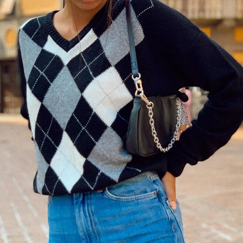 Осенний Черный винтажный вязаный свитер HEYounGIRL с V-образным вырезом, повседневный джемпер в клетку с узором ромбиками, Женский пуловер в стил...