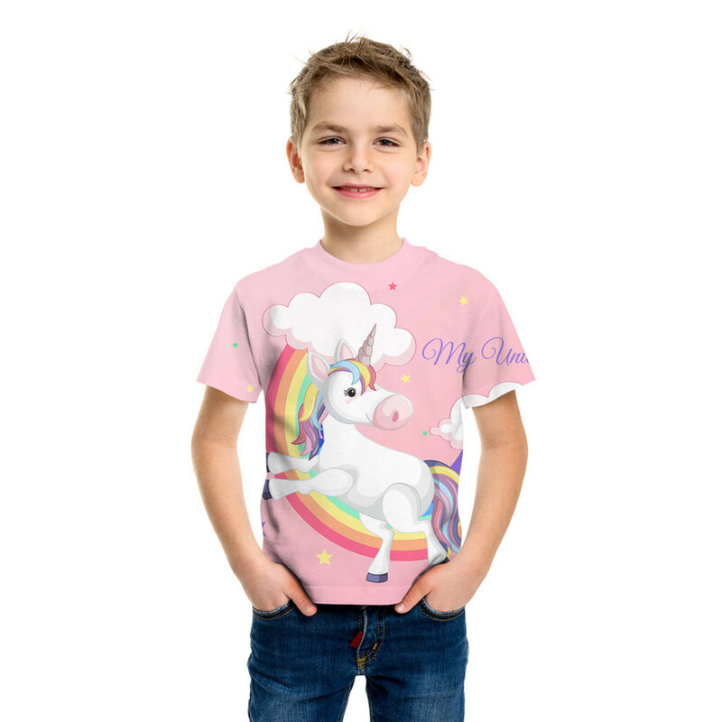 2021 여름 유니콘 3d 프린팅 반팔 o-넥 카와이 티셔츠 루즈 편안한 탑 남성 여성 아동복, 유니콘 프린트 티셔츠