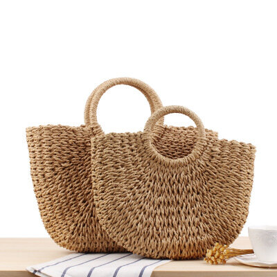 Round Straw Beach Bag Vintage Handmade Woven Shoulder Bag Raffia circle Rattan bags Bohemian Summer Vacation Casual Bags