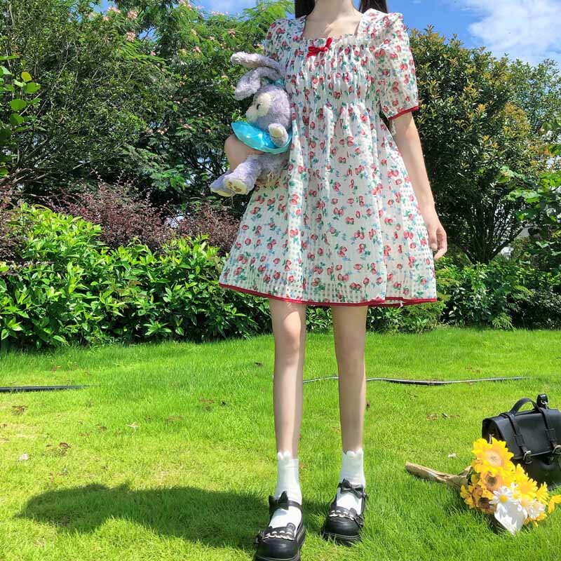 Japonés de moda dulce Kawaii elegante estampado Floral suelto vestido de dama 2021 estilo universitario Collar de manga Puff vestido vestidos sueltos