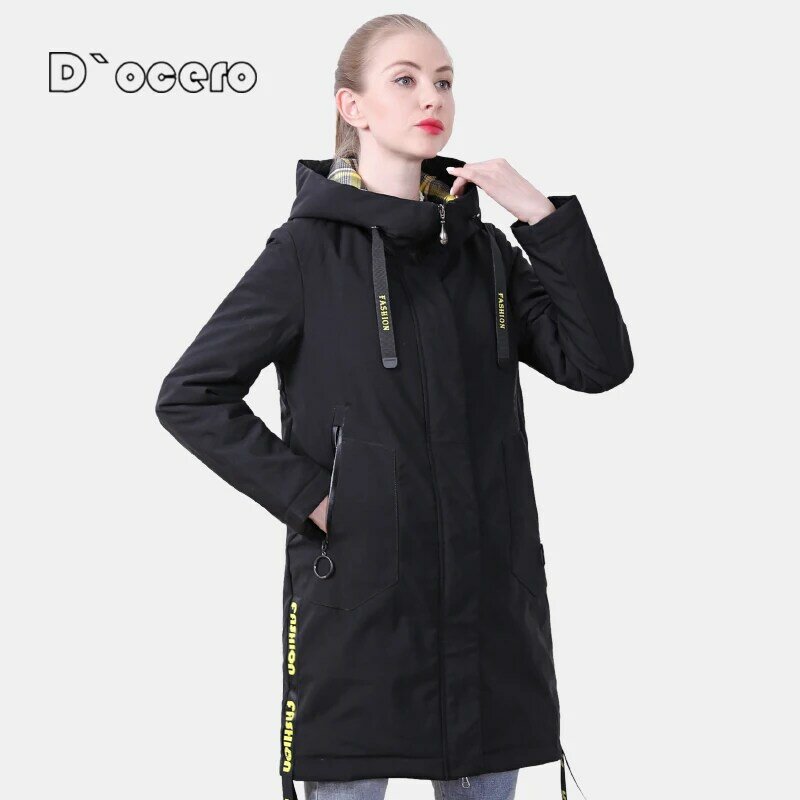 D'OCERO 2021 nowa kurtka wiosenna moda damska parki pikowana Plus rozmiar jesień damski płaszcz wiatroszczelna podszewka z kapturem długa odzież wierzchnia
