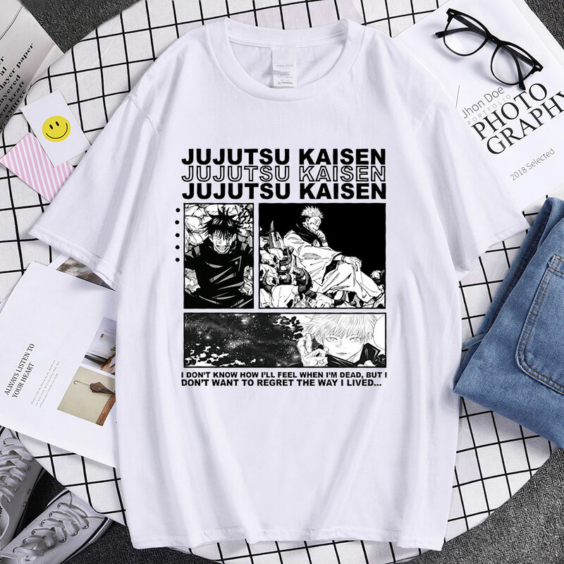 El Anime japonés Jujutsu Kaisen Gojo Satoru T camisa de los hombres bonita letra de dibujos animados Yuji Itadori gráfico camisetas Tops Unisex ropa de hombre