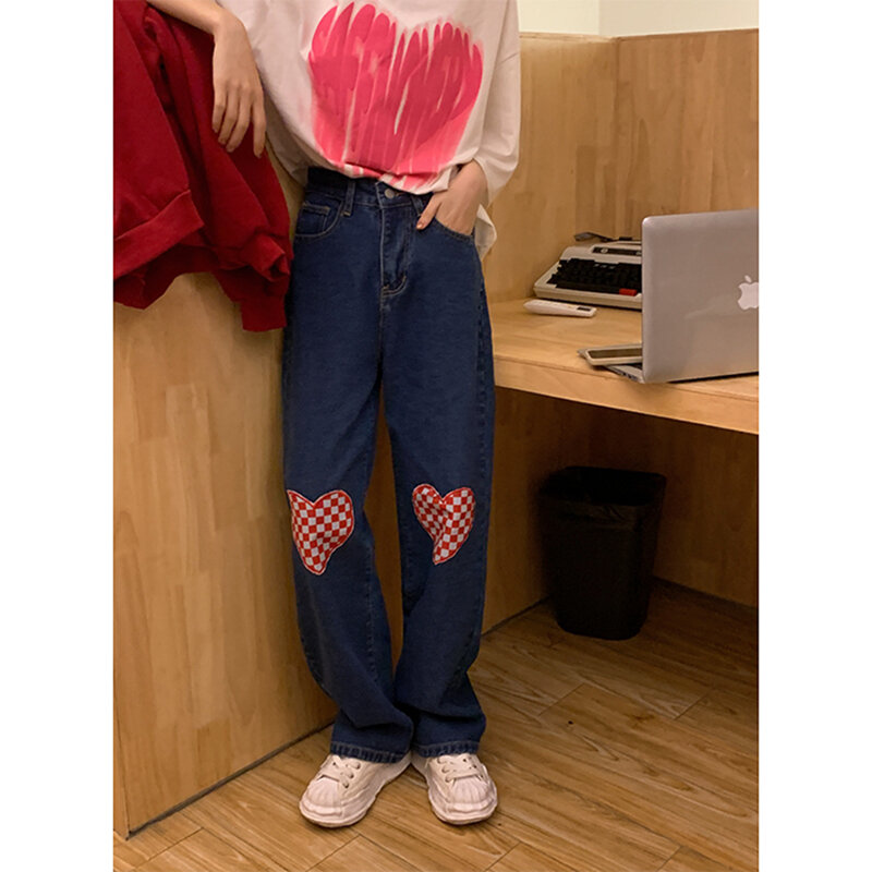 Pantalones vaqueros rectos de cintura alta para mujer, ropa de calle holgada Vintage, Harajuku, moda coreana, de pierna ancha, color azul