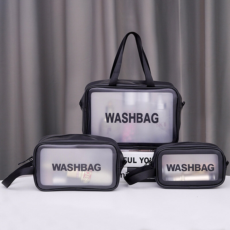 Bolsa de cosméticos de PU para mujer, bolsa de almacenamiento esmerilada transparente, impermeable, portátil, de gran capacidad, para maquillaje