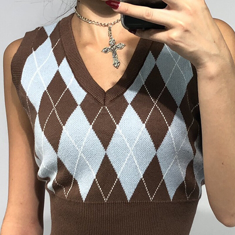 Vintage Y2K Crop Top Argyle Rompi Sweter V Neck Tanpa Lengan Tank Jumper Gaya Preppy Kotak-kotak Rajutan Pullover Pakaian Musim Gugur Musim Dingin